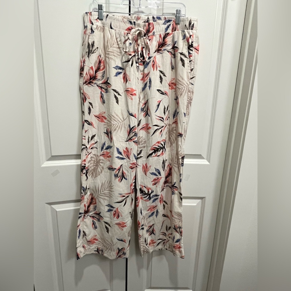Women’s XL Linen Blend Pull On Pants Drawstring Elastic Waist Floral Tropical